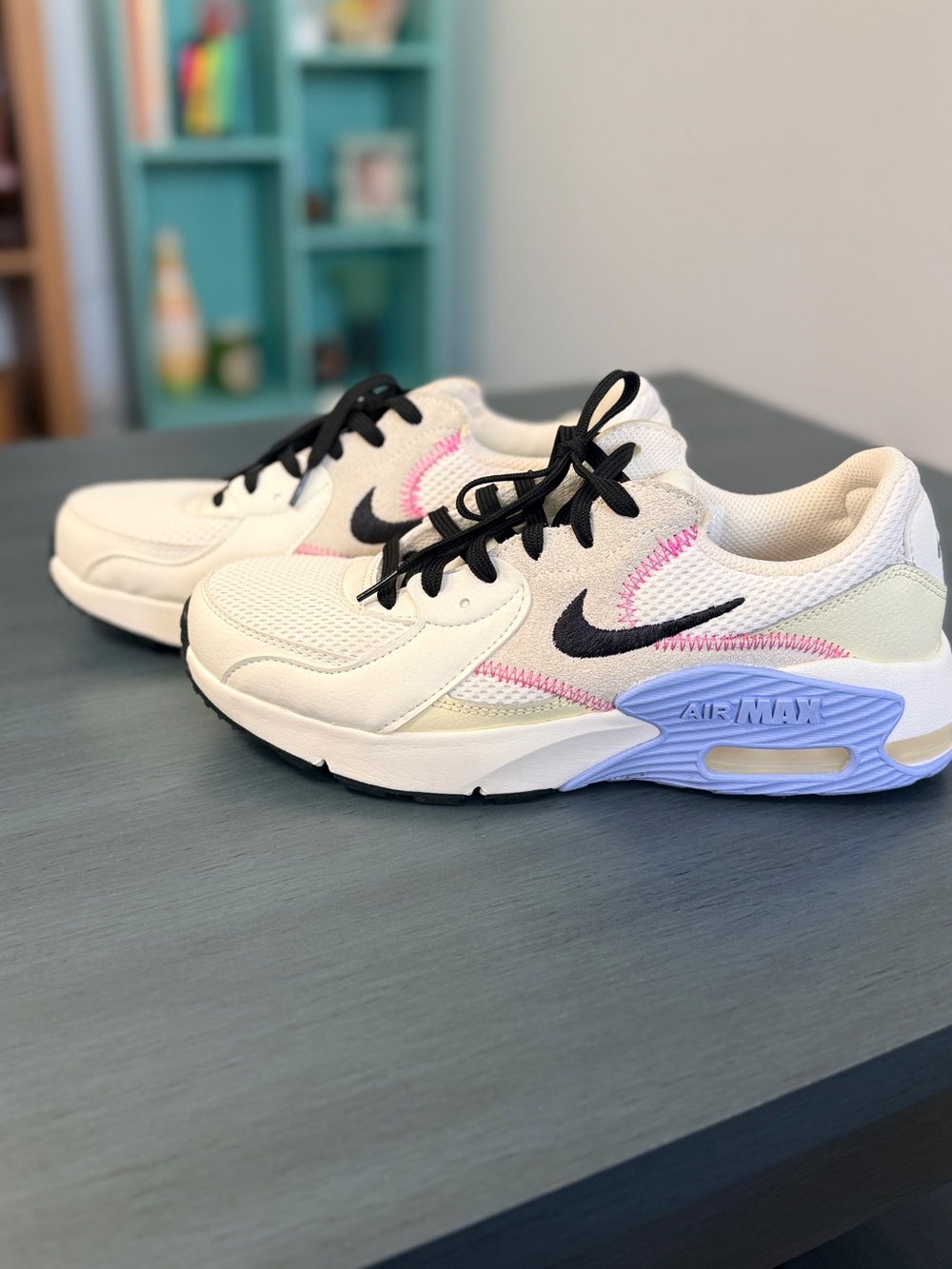 Nike Air Max White with Blue and Black Accents and Pink Stitching